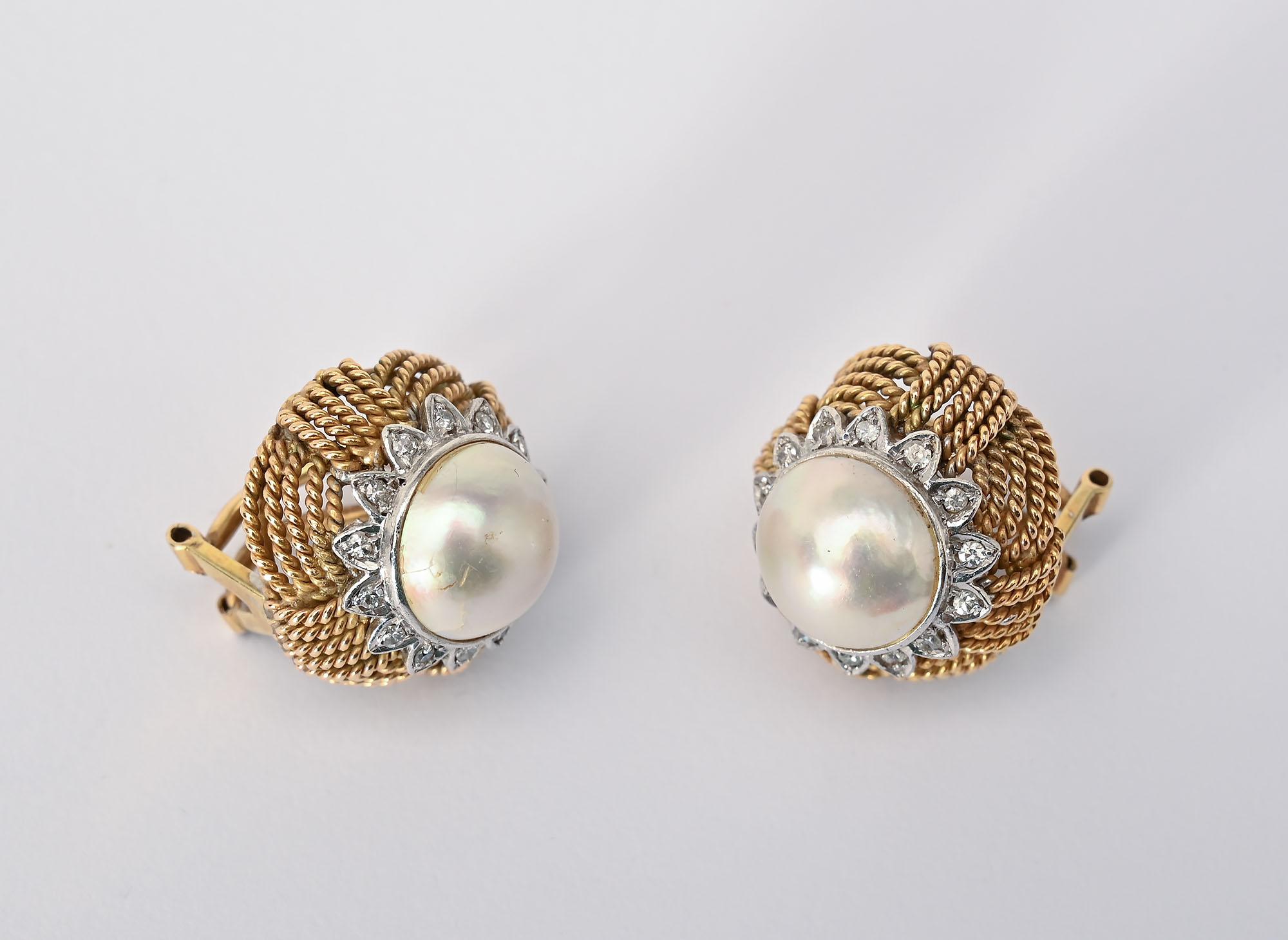Post-War Pearl Earrings Surrounded by Diamonds For Sale