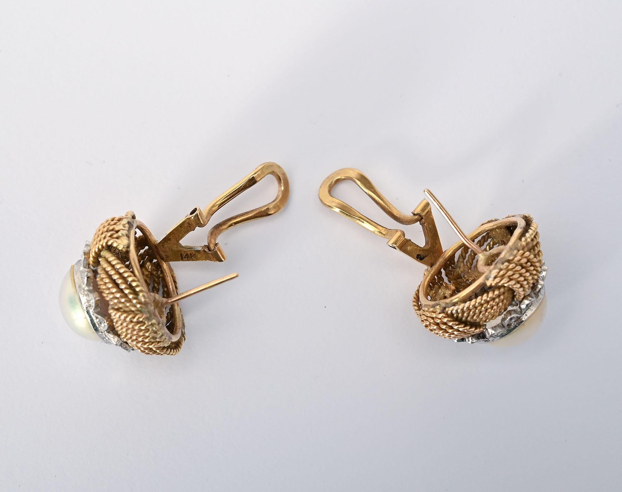 Women's or Men's Pearl Earrings Surrounded by Diamonds For Sale