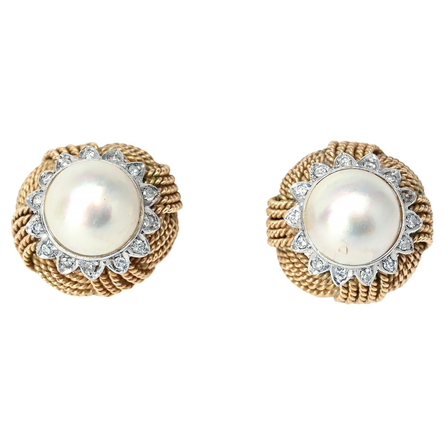Pearl Earrings Surrounded by Diamonds For Sale