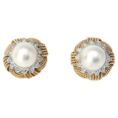 Vintage Pearl Earrings Surrounded by Diamonds