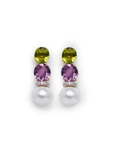 Perlen-Ohrringe mit Amethyst-Perlen und Peridot-Diamanten und Südseeperlen aus 18 Karat Gold