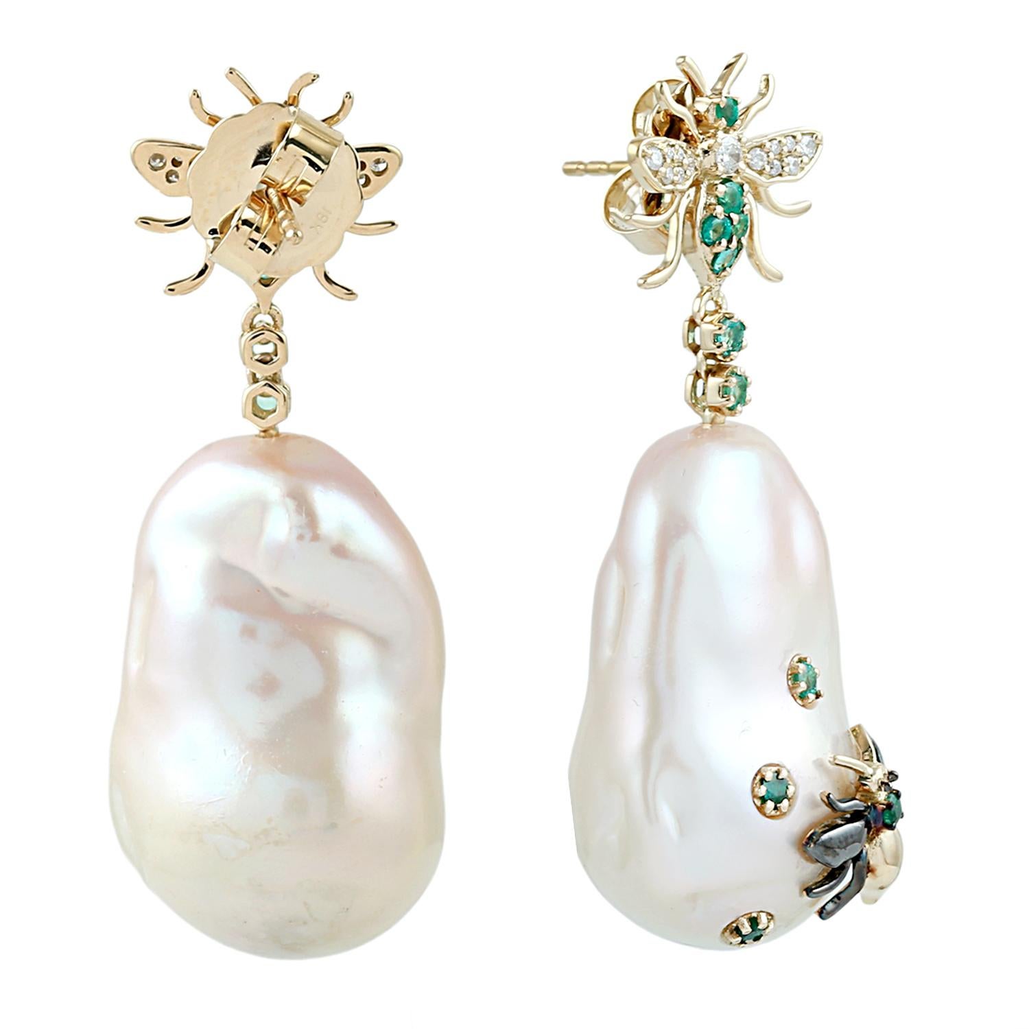 Mixed Cut Pearl Earrings With Bee In Emerald & Diamonds Made In 18k Yellow Gold For Sale
