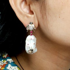 Pearl Earrings With Bug In Ruby & Diamonds in 14k Yellow Gold