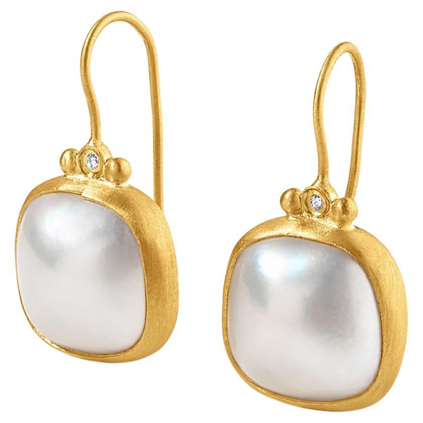 Pearl Earrings with Diamond Detail 24 Karat Solid Yellow Gold by Kurtulan For Sale