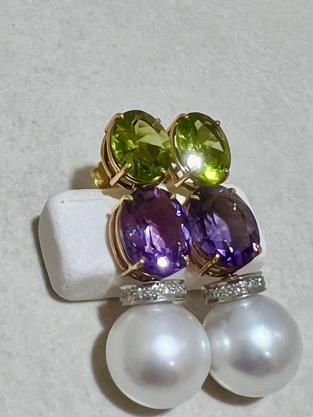 Modern Pearl Earrings with Amethyst Peridot Diamonds South Sea Pearls 18kt Gold For Sale