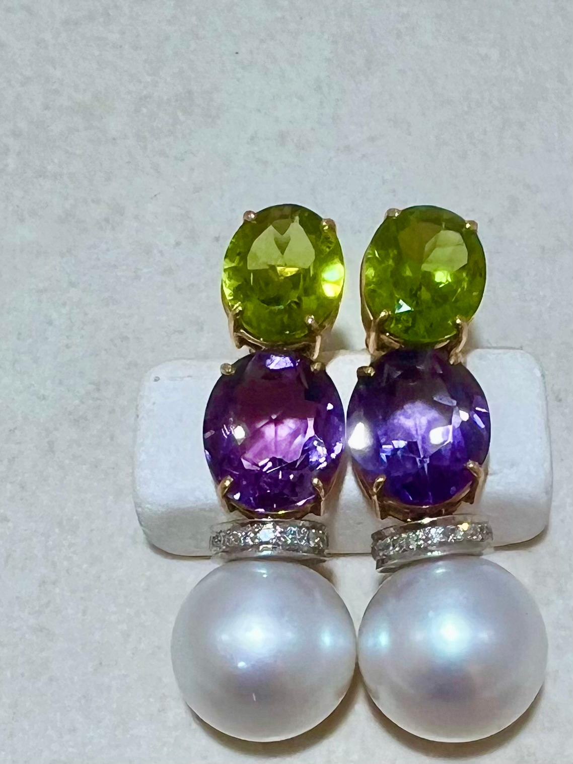 Brilliant Cut Pearl Earrings with Amethyst Peridot Diamonds South Sea Pearls 18kt Gold For Sale