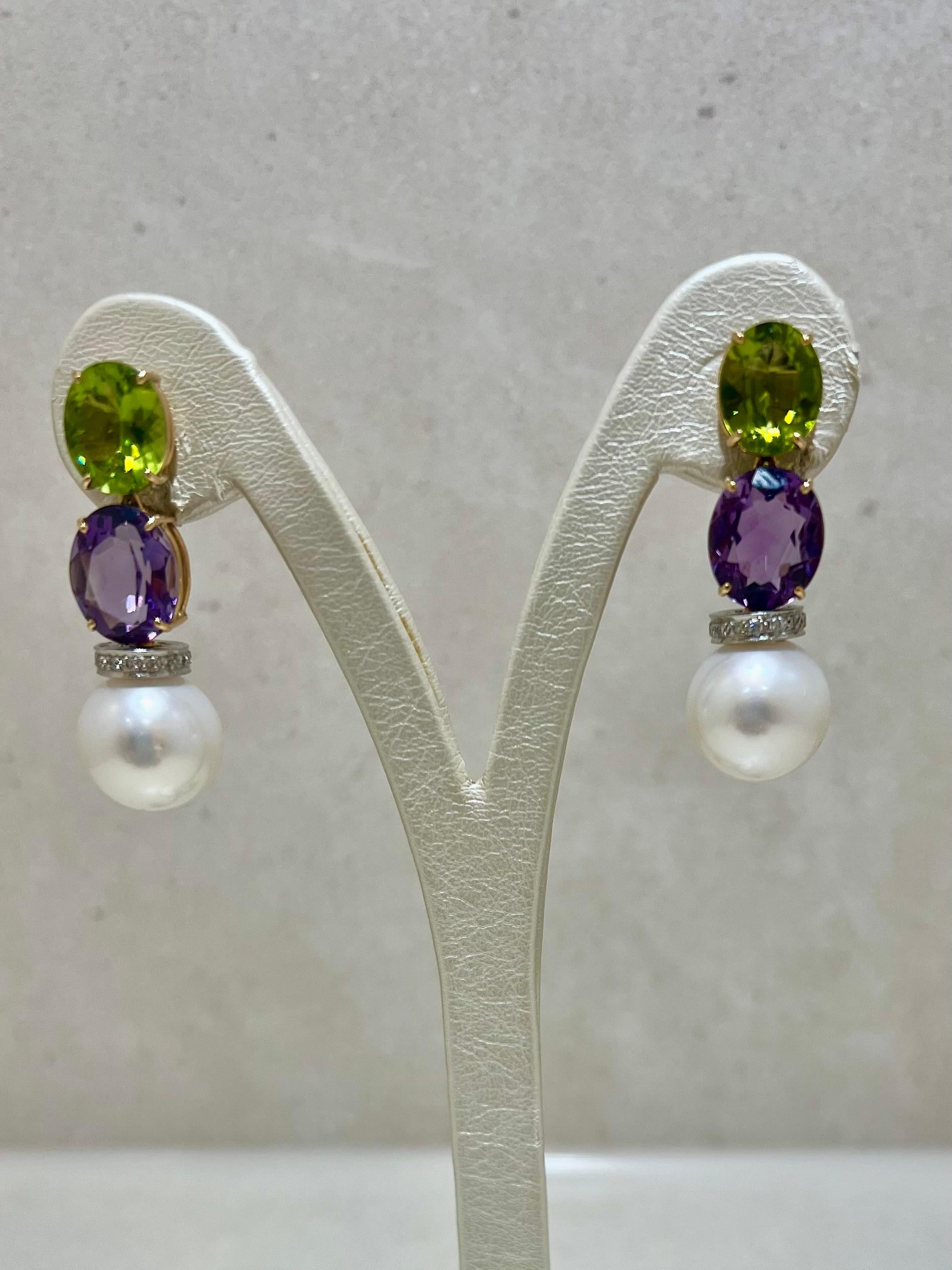 Pearl Earrings with Amethyst Peridot Diamonds South Sea Pearls 18kt Gold In New Condition For Sale In ROTTACH-EGERN, DE