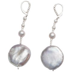 Pearl Earrings with Grey Coin Pearls and Diamond Cut Beads in a Drop Design