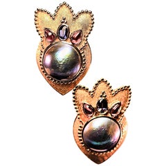 Pearl Earrings with Spinels and Garnets by Paula Crevoshay 18 Karat Yellow Gold