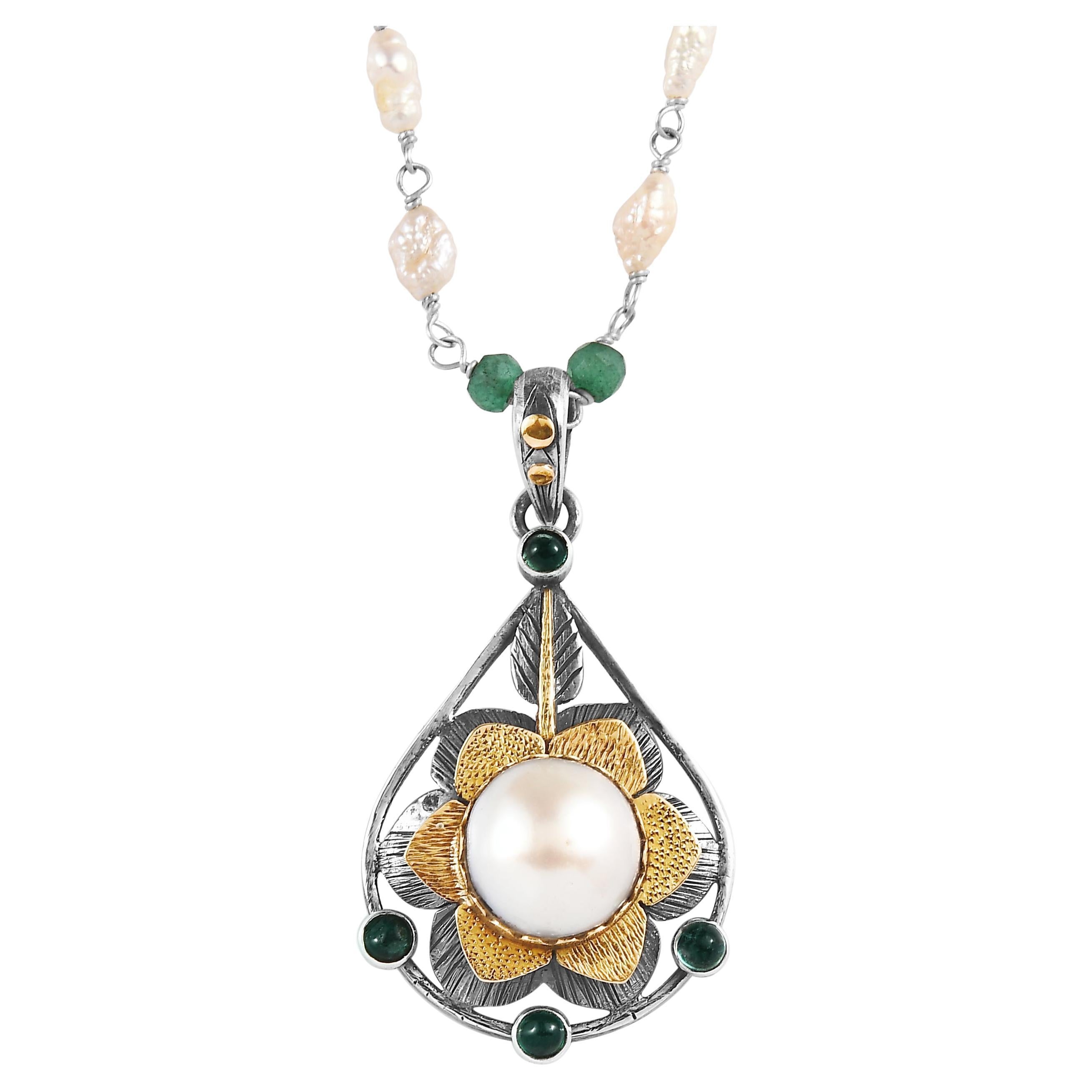 Pearl Emerald 18K Gold Silver Pendant
