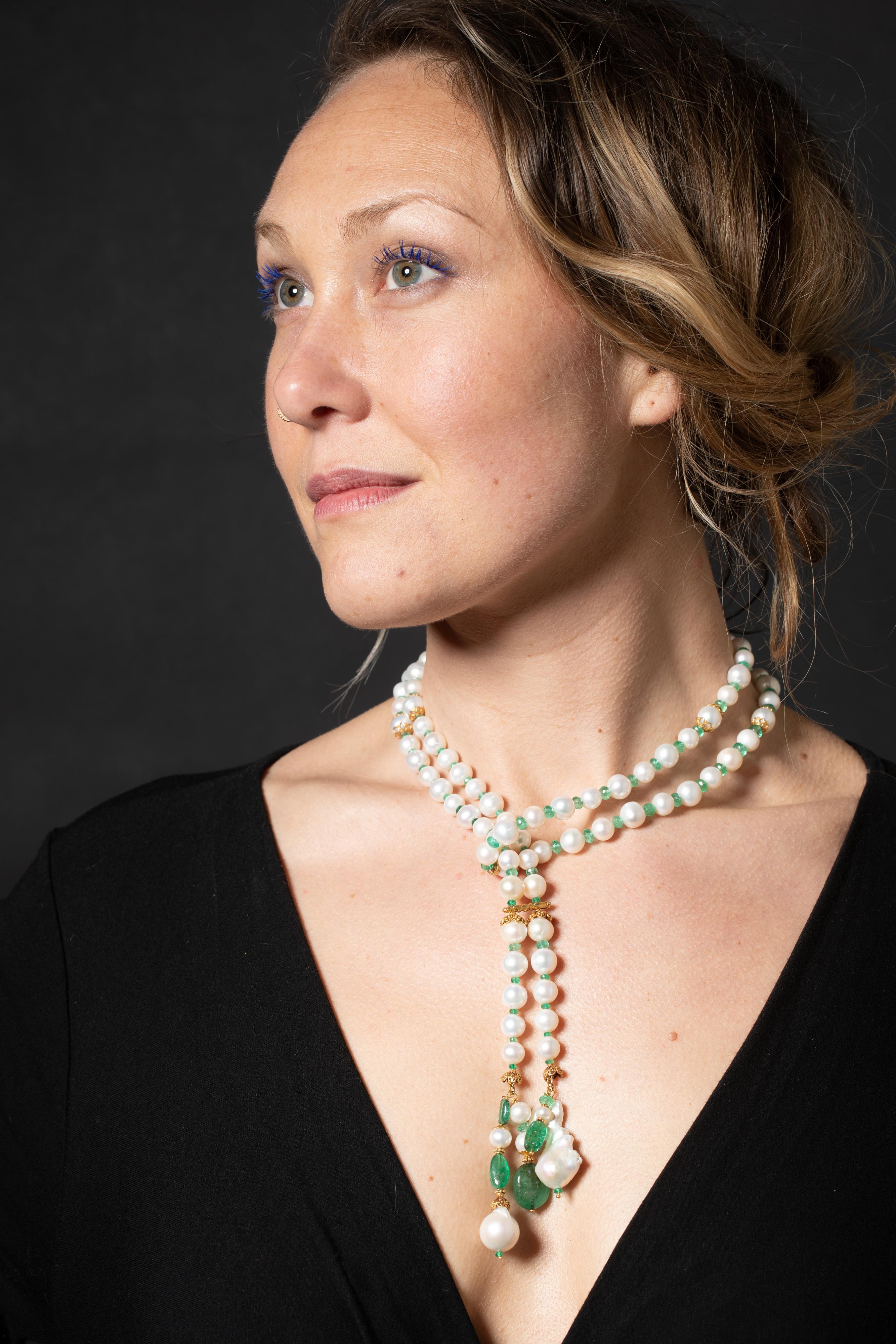 Round Cut Pearl, Emerald and 22K Gold Lariat Necklace by Deborah Lockhart Phillips