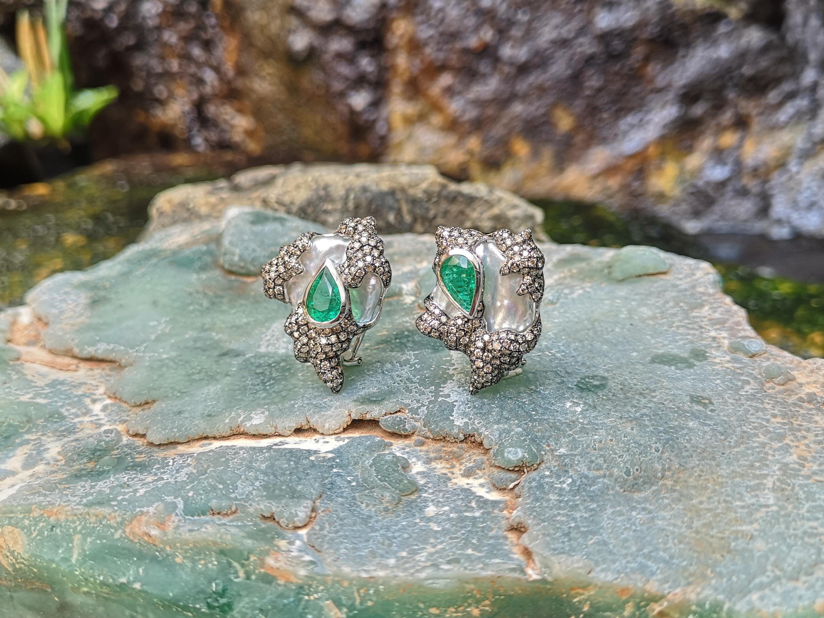 Mixed Cut Pearl, Emerald and Brown Diamond Earrings Set in 18 Karat White Gold Settings For Sale