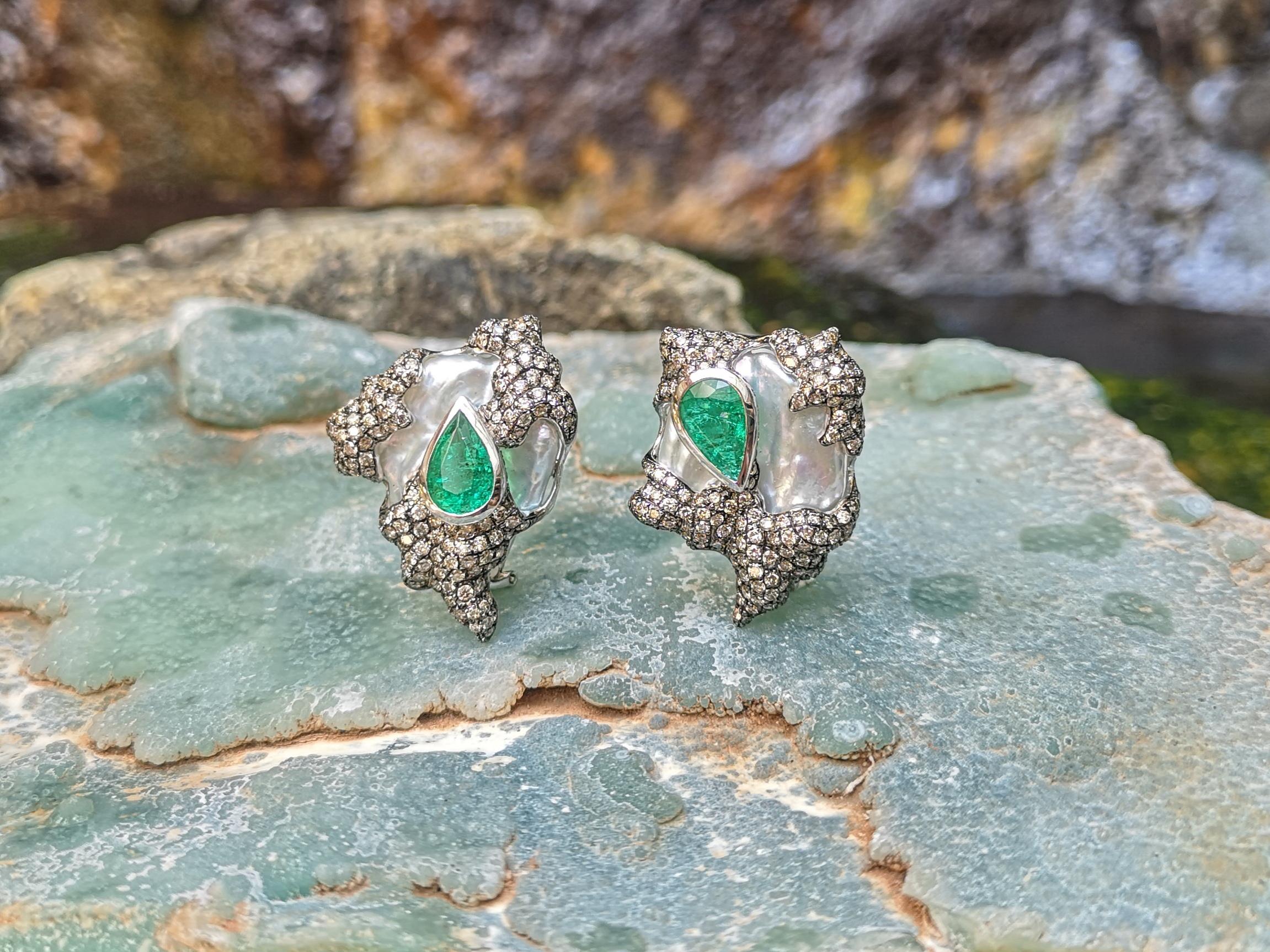 Women's Pearl, Emerald and Brown Diamond Earrings Set in 18 Karat White Gold Settings For Sale