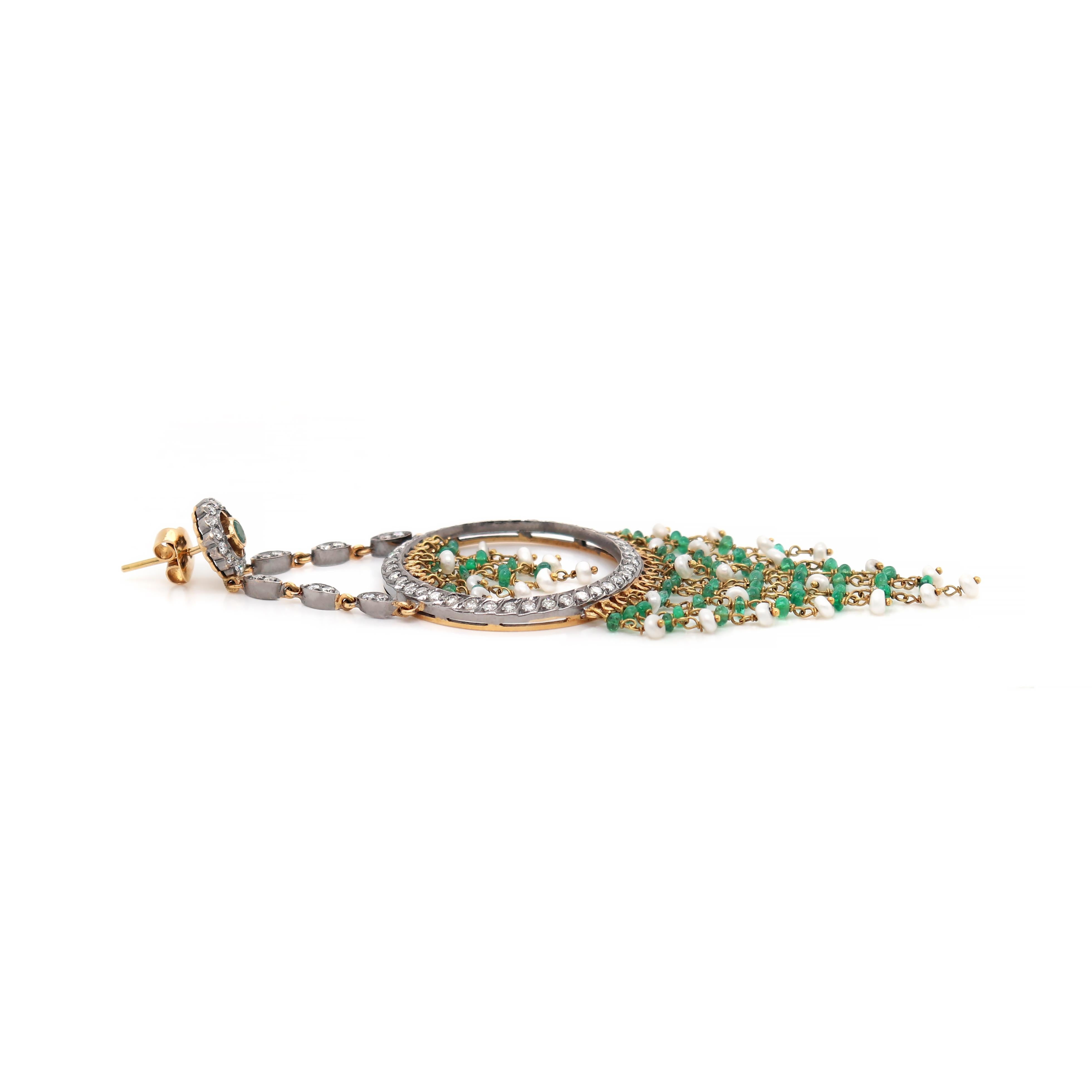 Modern Pearl, Emerald and Diamond 18 Carat Gold Cascade Chandelier Earrings For Sale