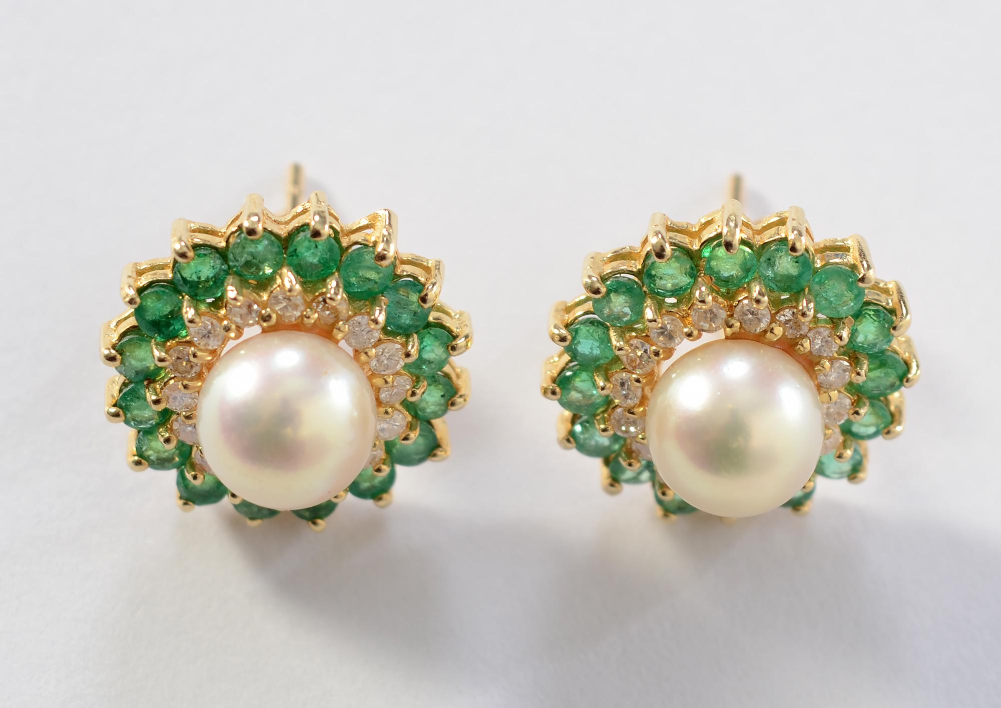 Modern Pearl, Emerald and Diamond Earrings For Sale