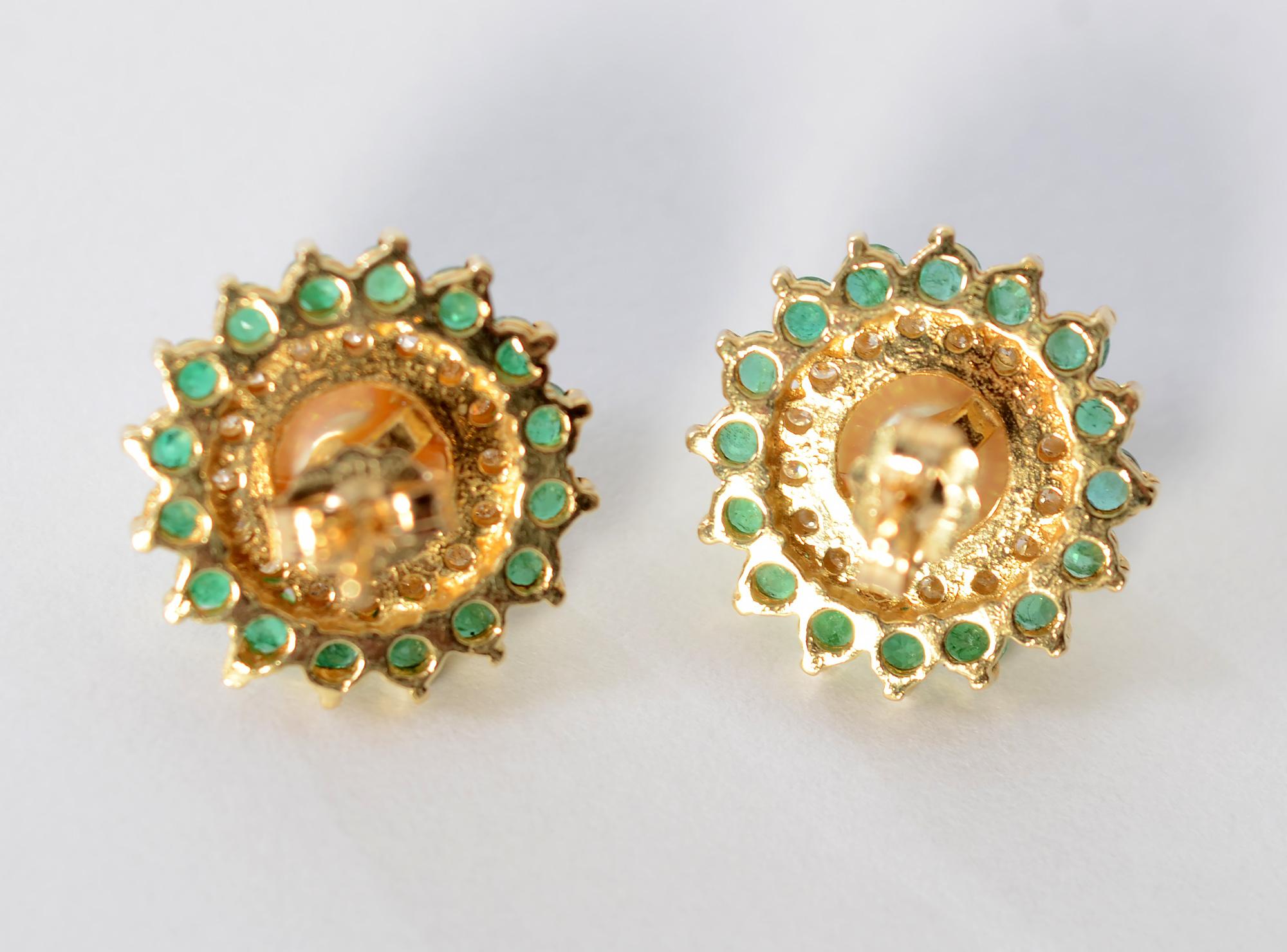 Round Cut Pearl, Emerald and Diamond Earrings For Sale
