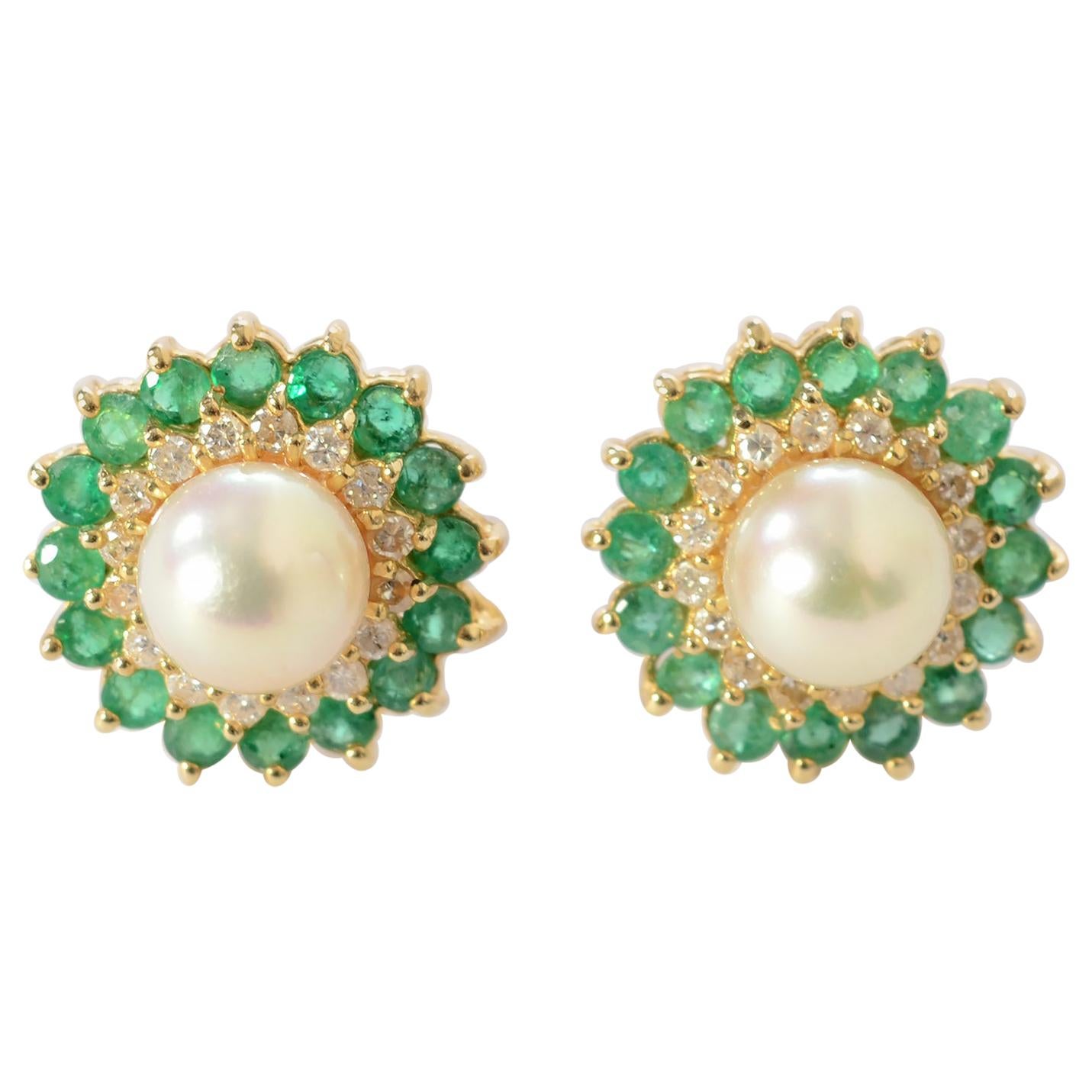 Pearl, Emerald and Diamond Earrings For Sale