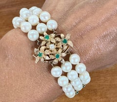 Pearl Emerald Bracelet 6mm Triple Pearl Strand 14K Yellow Gold 6 Inch