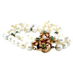 Pearl Emerald Bracelet 6mm Triple Pearl Strand 14K Yellow Gold 6 Inch