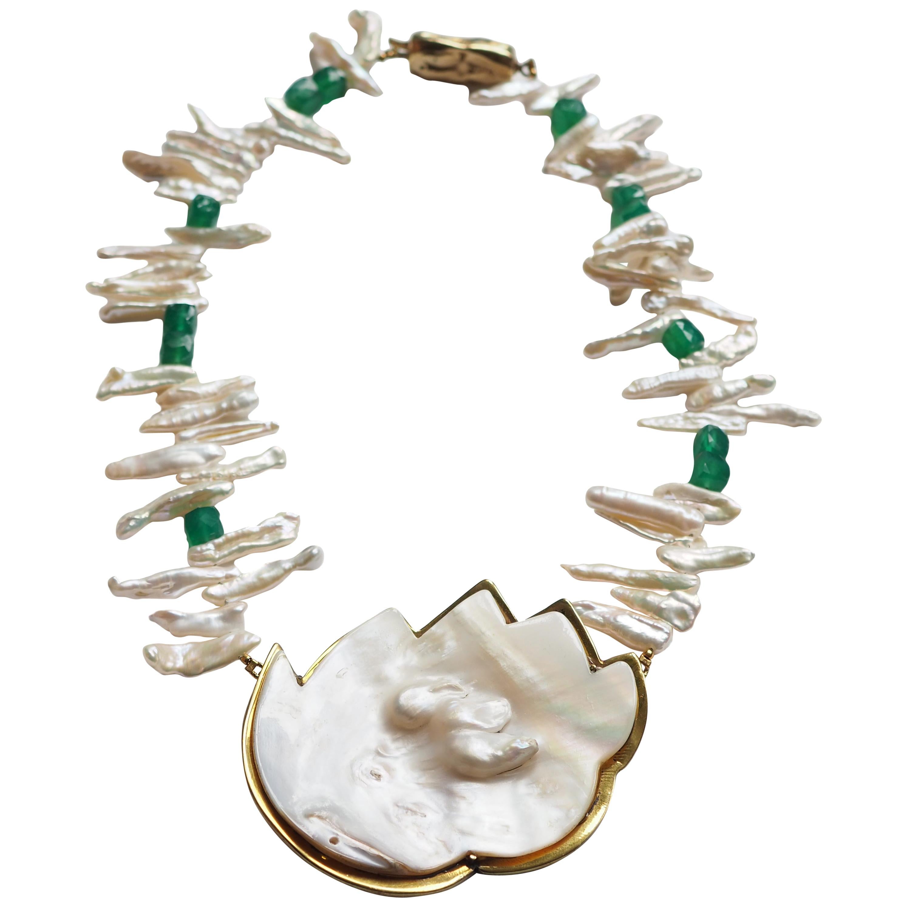 Pearl Emerald Bronze Necklace For Sale