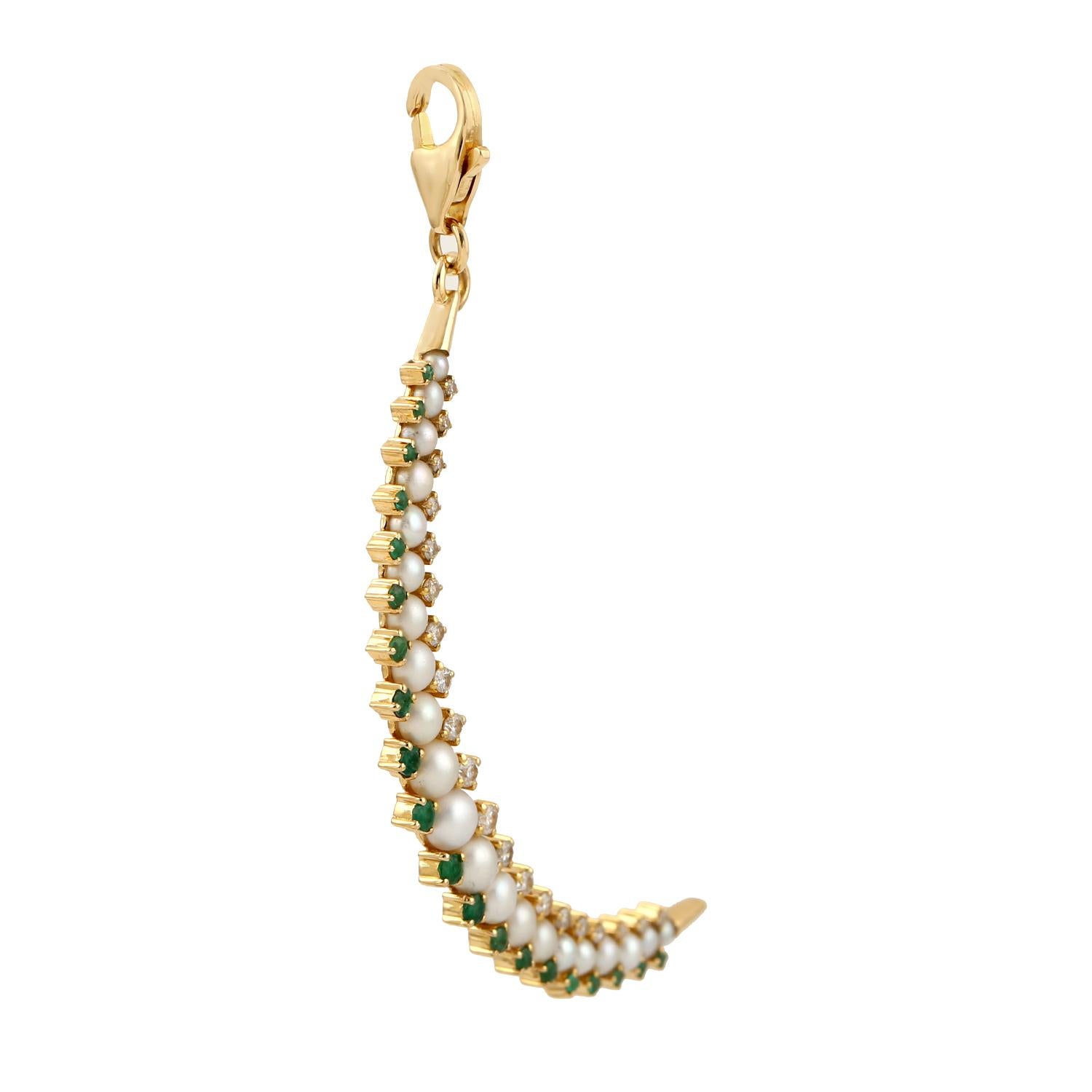 Artisan Pearl & Emerald Crescent Moon Pendant With Diamonds Made 18k Yellow Gold For Sale