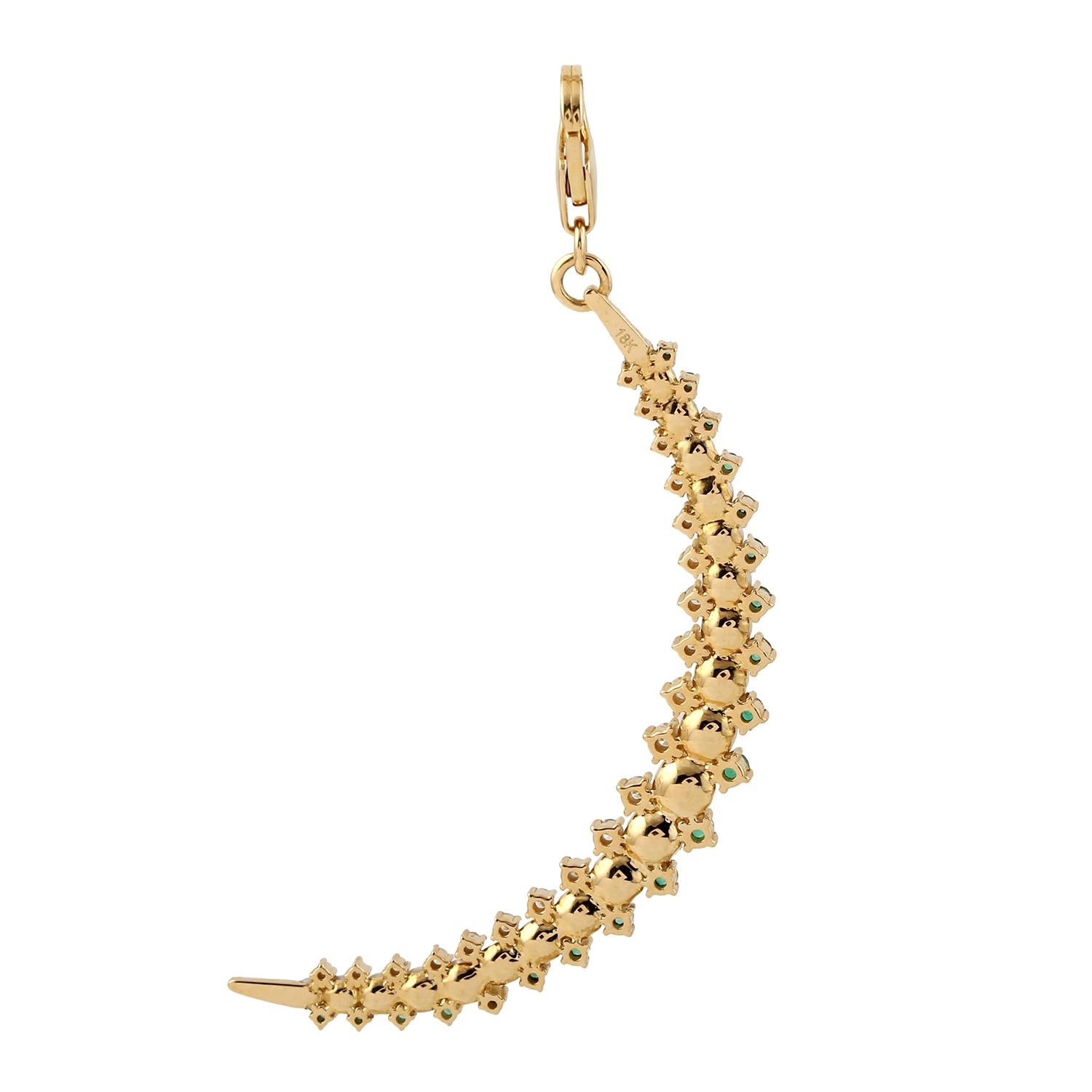 Mixed Cut Pearl & Emerald Crescent Moon Pendant With Diamonds Made 18k Yellow Gold For Sale