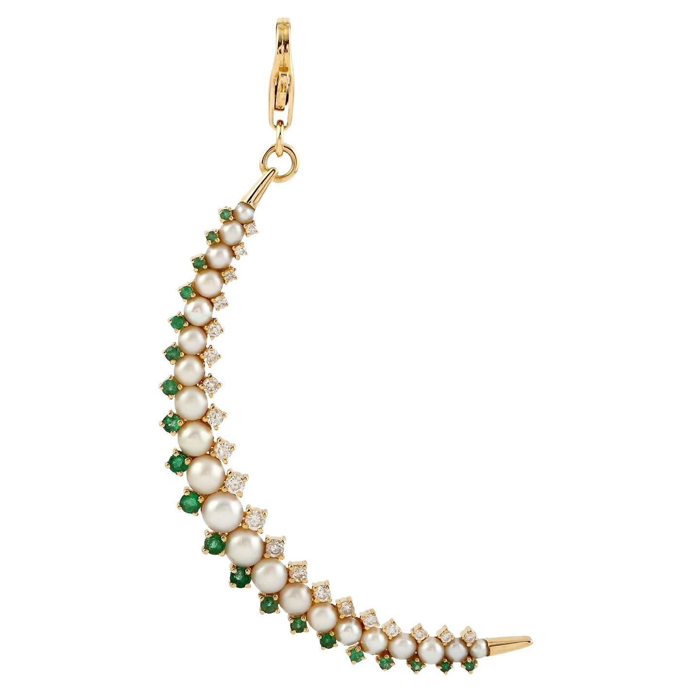 Pearl & Emerald Crescent Moon Pendant With Diamonds Made 18k Yellow Gold For Sale
