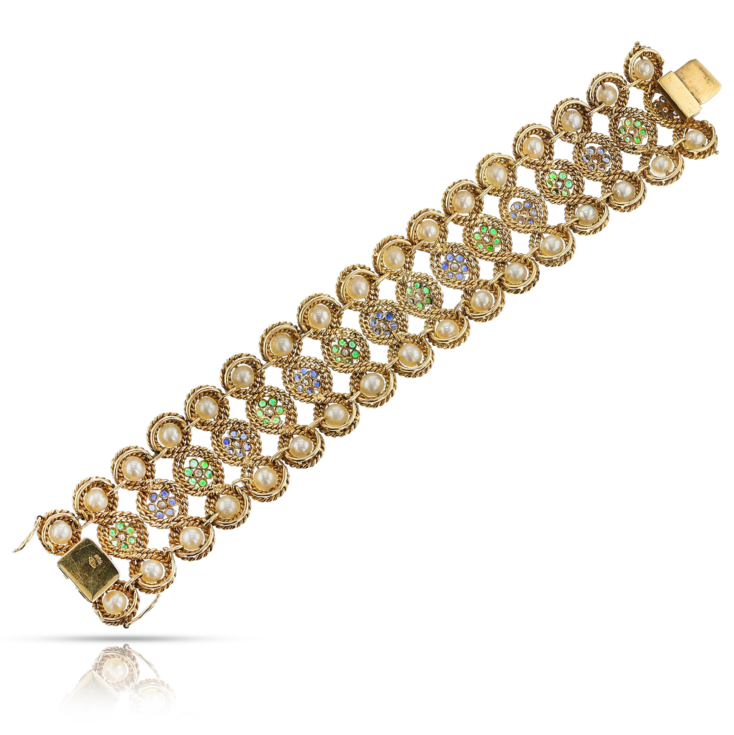 Bracelet en perles, émeraudes, diamants et saphirs, 18k, à motifs de cordes Unisexe en vente