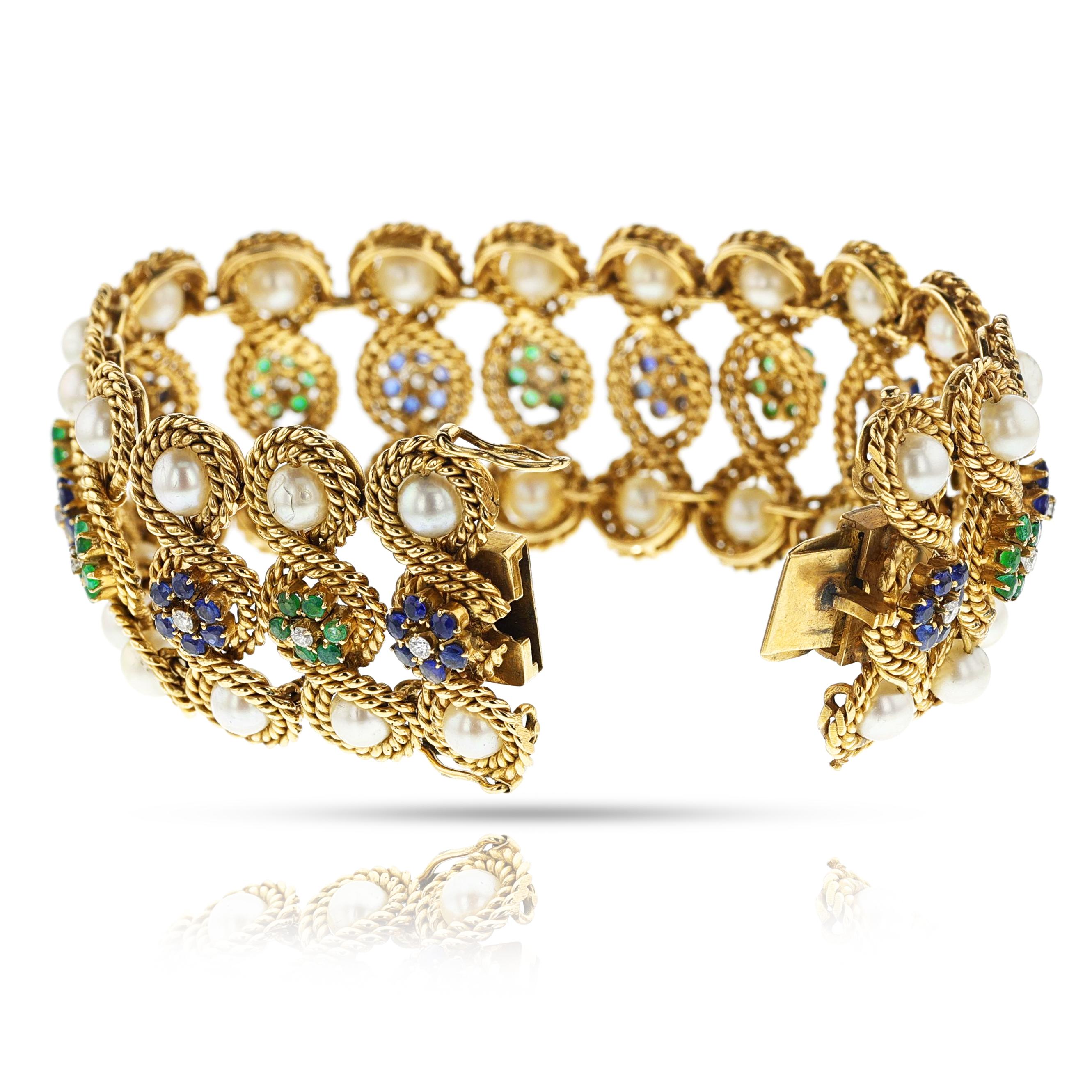 Bracelet en perles, émeraudes, diamants et saphirs, 18k, à motifs de cordes en vente 2