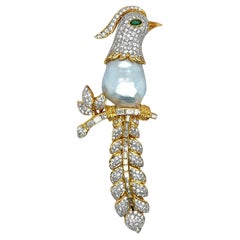 Pearl Emerald Diamond Perched Bird Gold Brooch