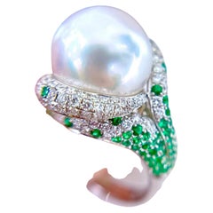 Pearl Emerald Diamond Ring 18K Gold