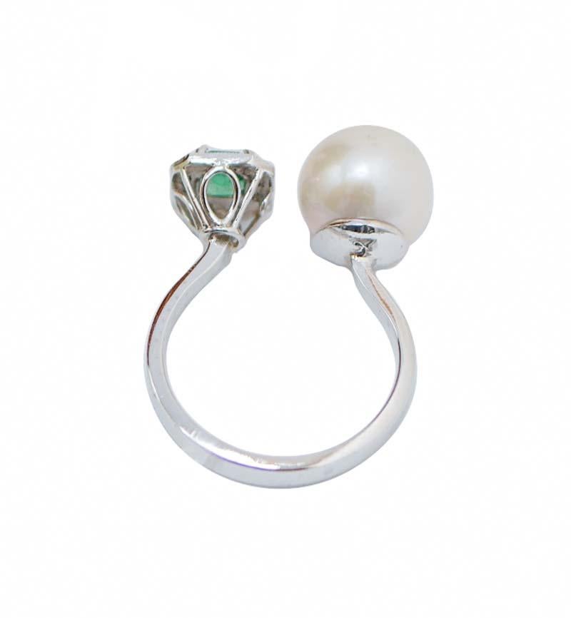 Retro Pearl, Emerald, Diamonds, Platinum Ring. For Sale