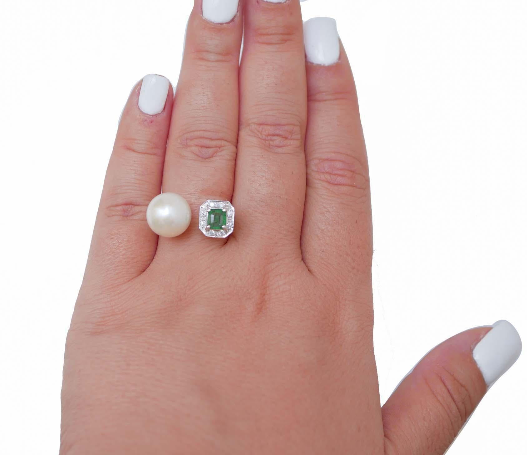 Mixed Cut Pearl, Emerald, Diamonds, Platinum Ring. For Sale
