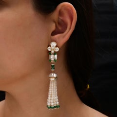 Pearl Emerald Gemstone Long Tassel Earrings with Diamonds 18k Yellow Gold