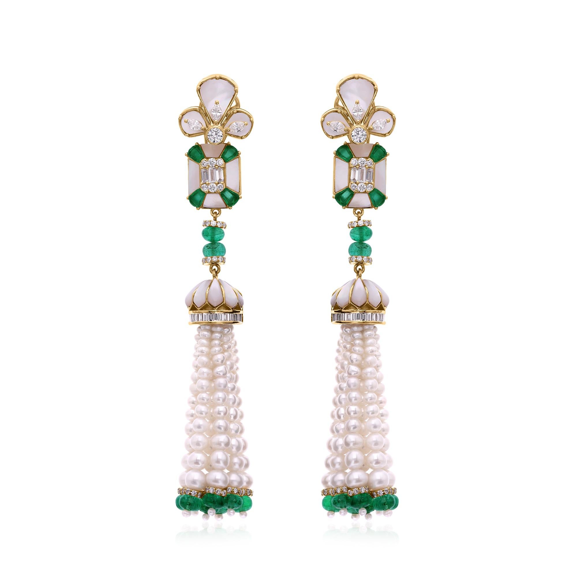 Contemporary Pearl Emerald Gemstone Long Tassel Earrings with Diamonds 18k Yellow Gold For Sale