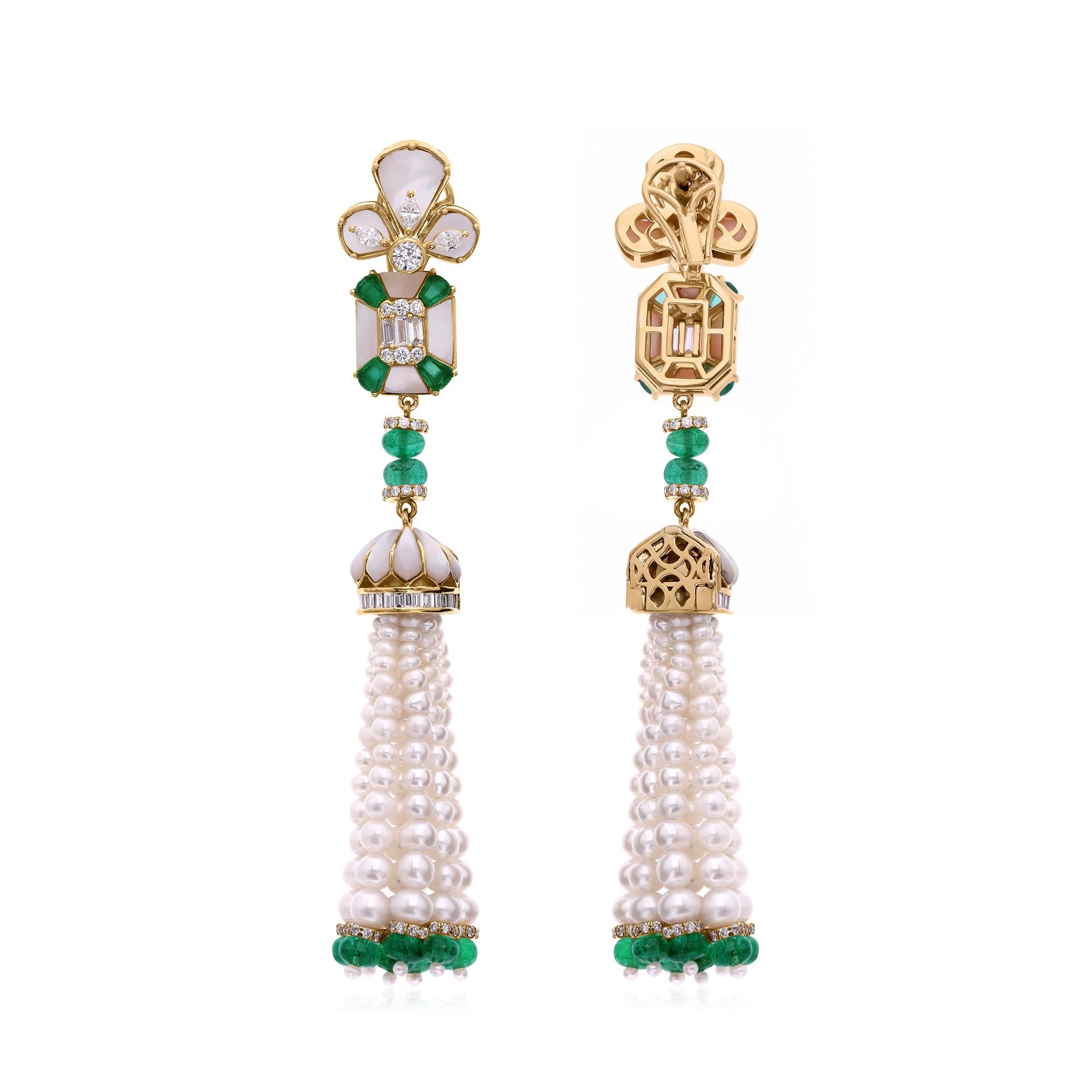 Mixed Cut Pearl Emerald Gemstone Long Tassel Earrings with Diamonds 18k Yellow Gold For Sale