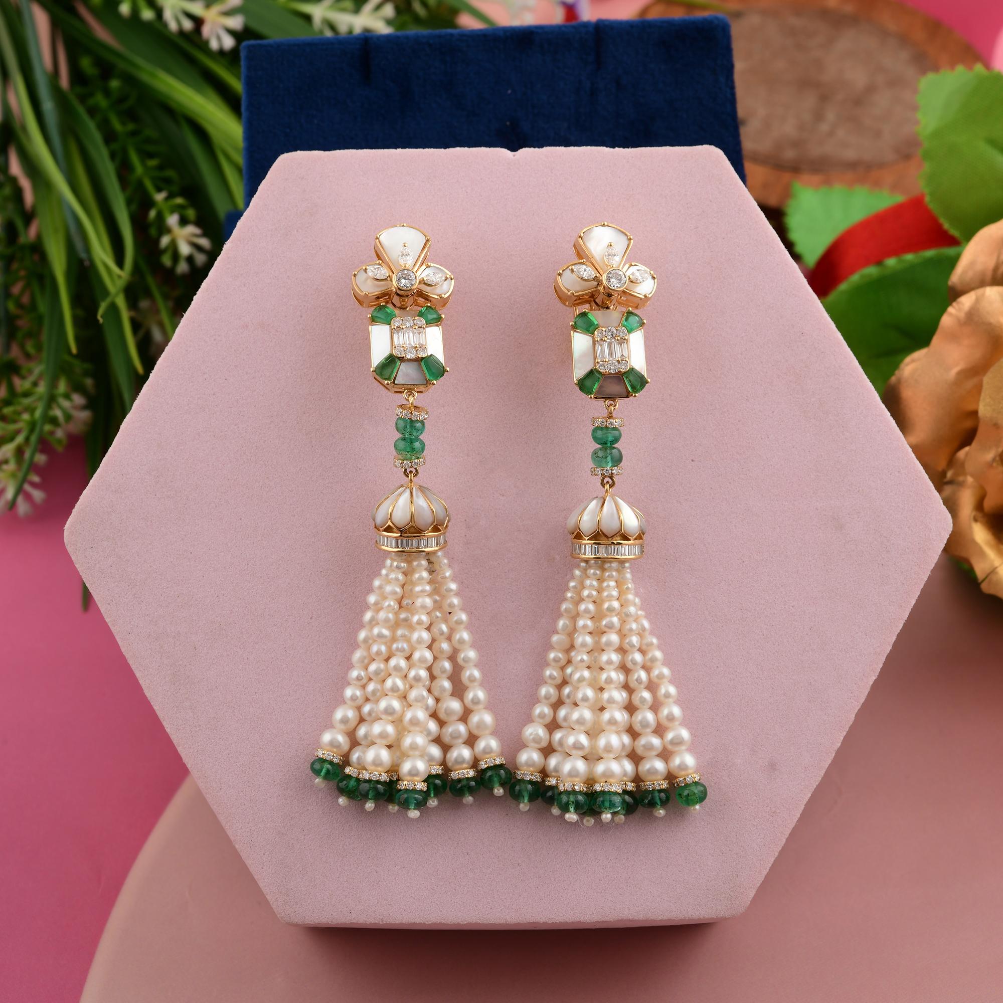 Women's Pearl Emerald Gemstone Long Tassel Earrings with Diamonds 18k Yellow Gold For Sale