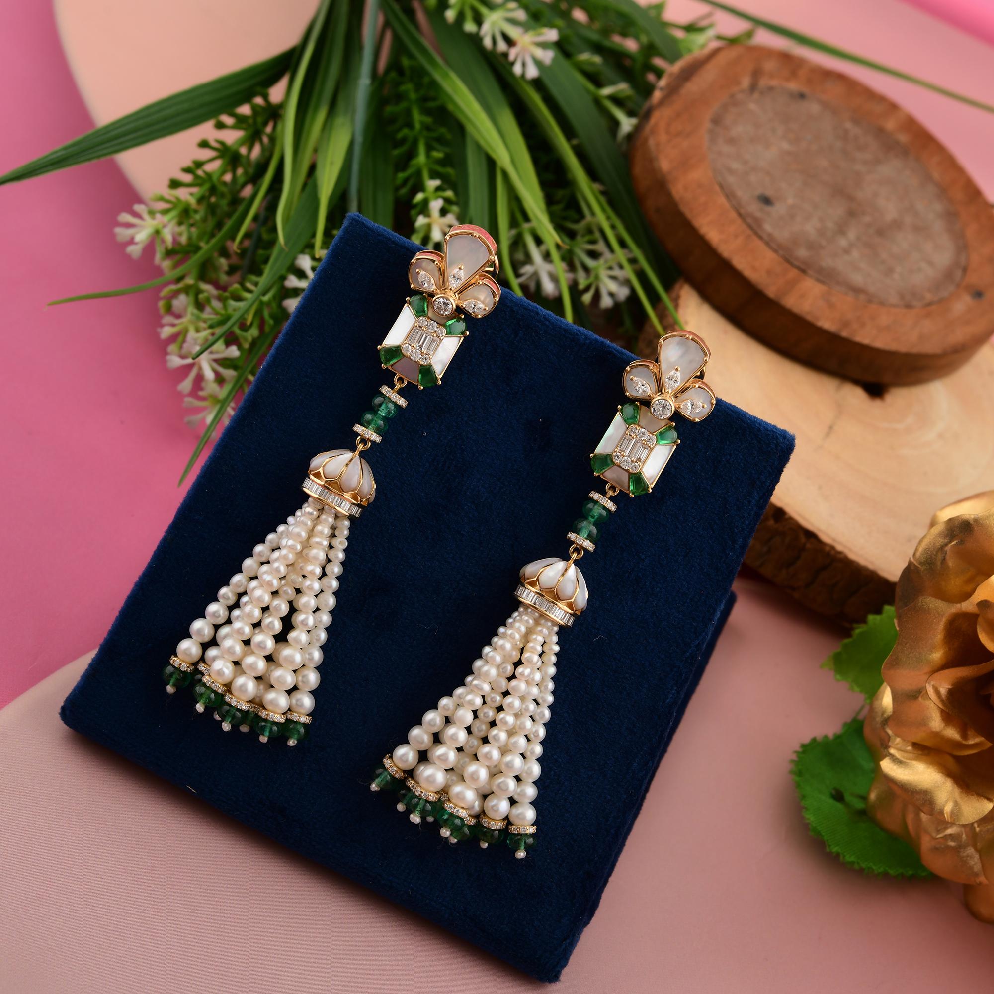 Pearl Emerald Gemstone Long Tassel Earrings with Diamonds 18k Yellow Gold For Sale 1
