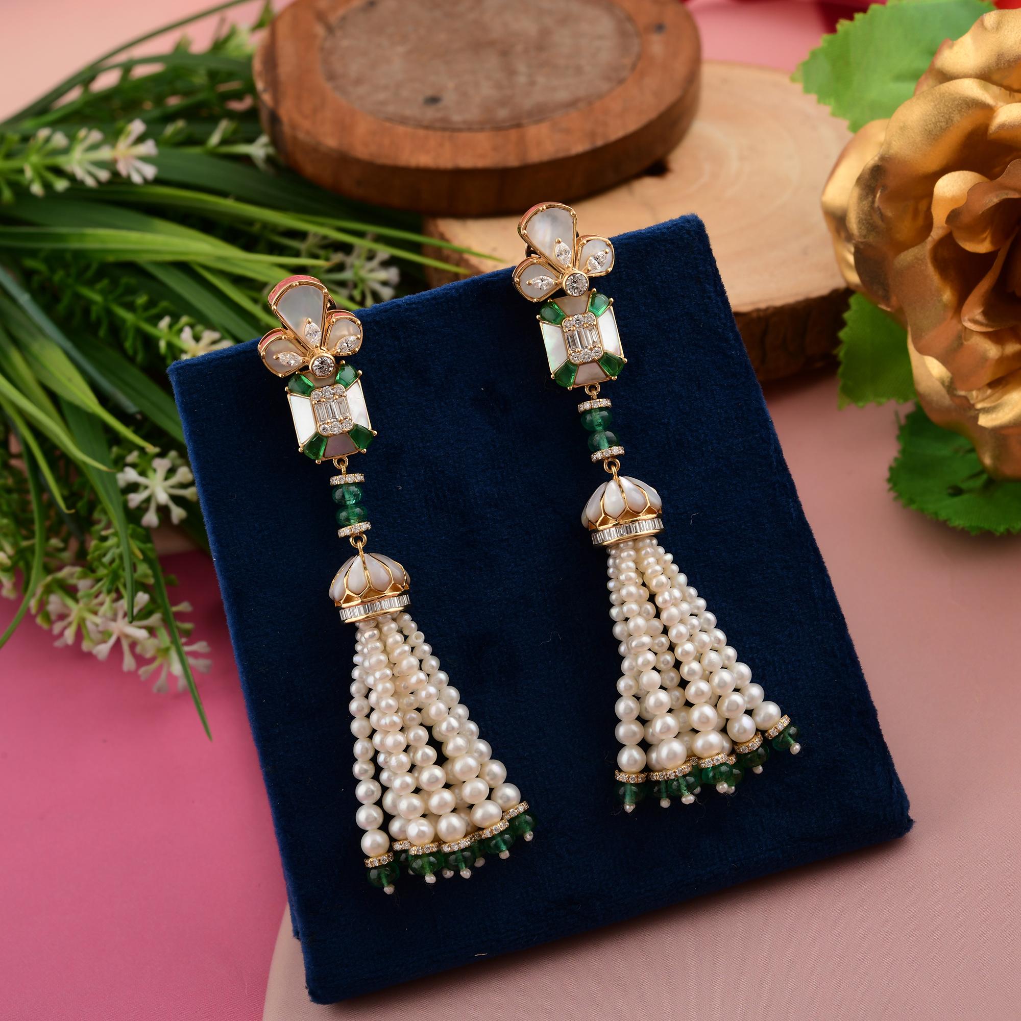 Pearl Emerald Gemstone Long Tassel Earrings with Diamonds 18k Yellow Gold For Sale 2