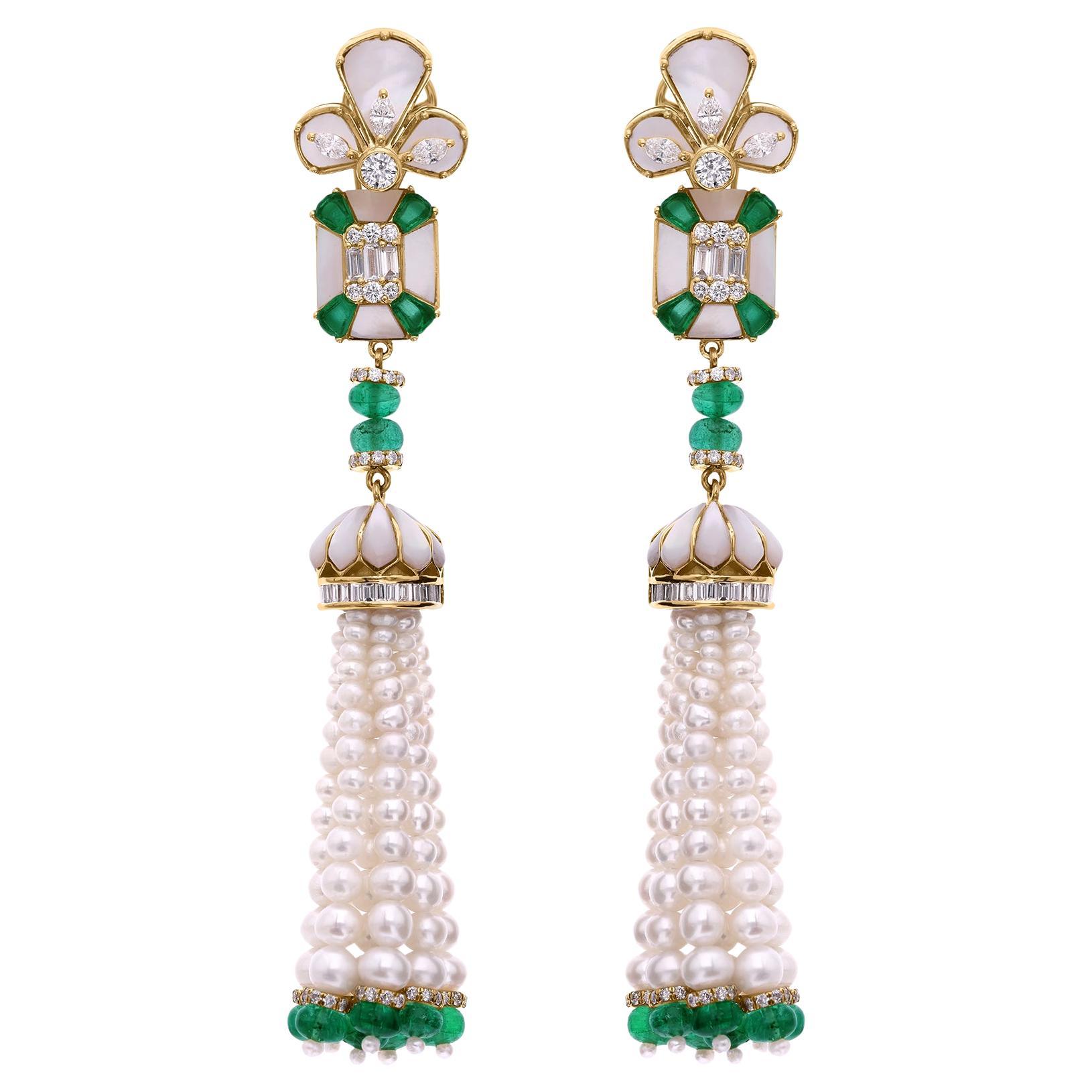 Pearl Emerald Gemstone Long Tassel Earrings with Diamonds 18k Yellow Gold For Sale
