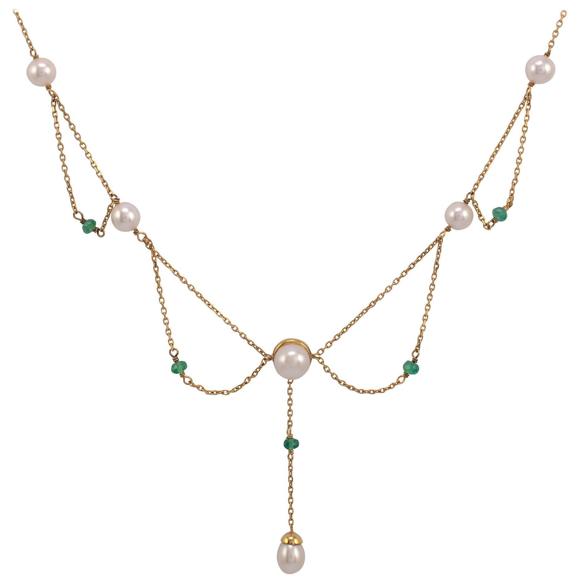Gold Pearl Emerald Evening Dress Necklace Circa 1970s For Sale
