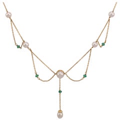 Gold Pearl Emerald Evening Dress Necklace Circa 1970s