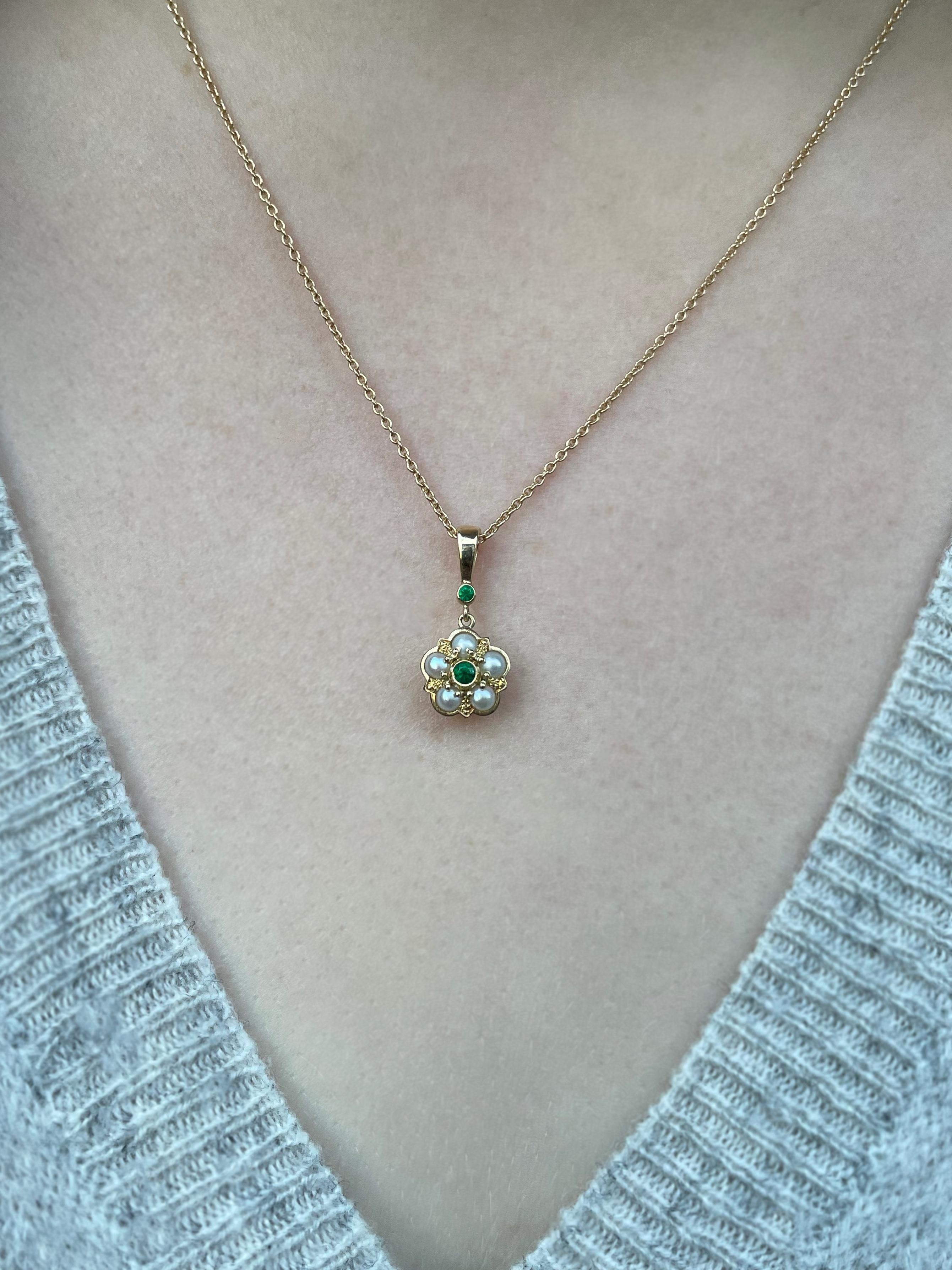 Rose Cut Pearl and Emerald Rose Floral Yellow Gold Pendant Necklace For Sale