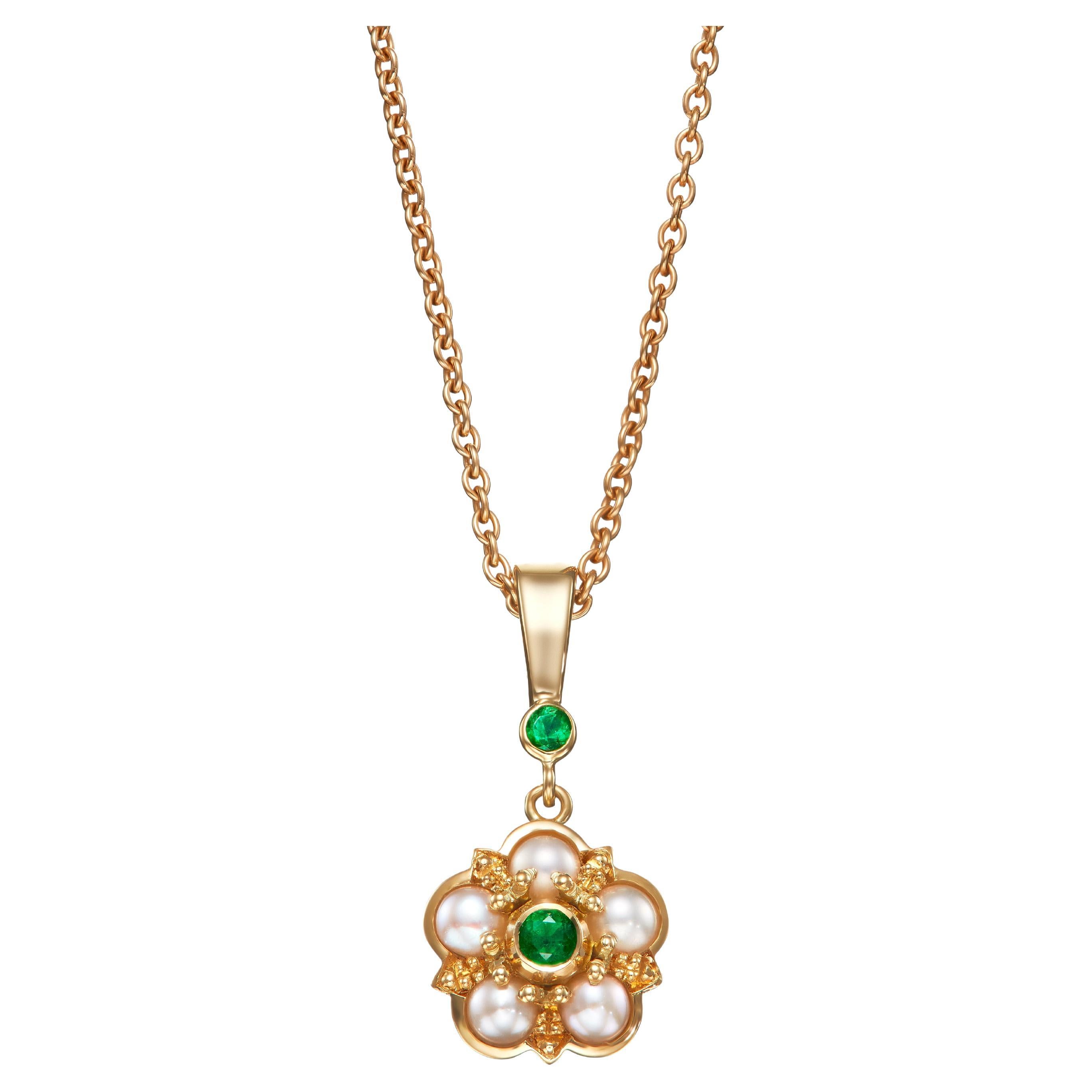 Pearl and Emerald Rose Floral Yellow Gold Pendant Necklace
