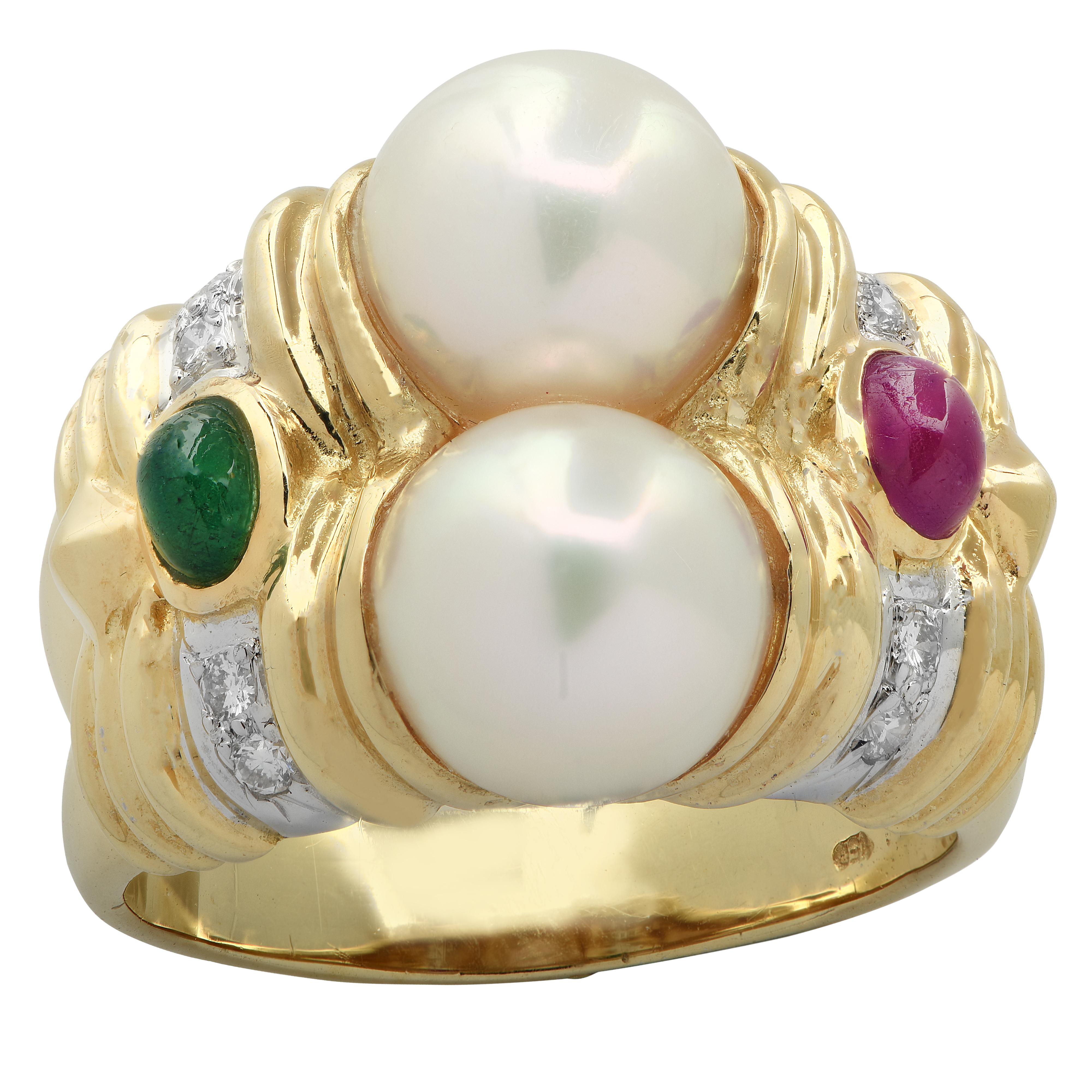Cabochon Pearl, Emerald, Ruby and Diamond Ring