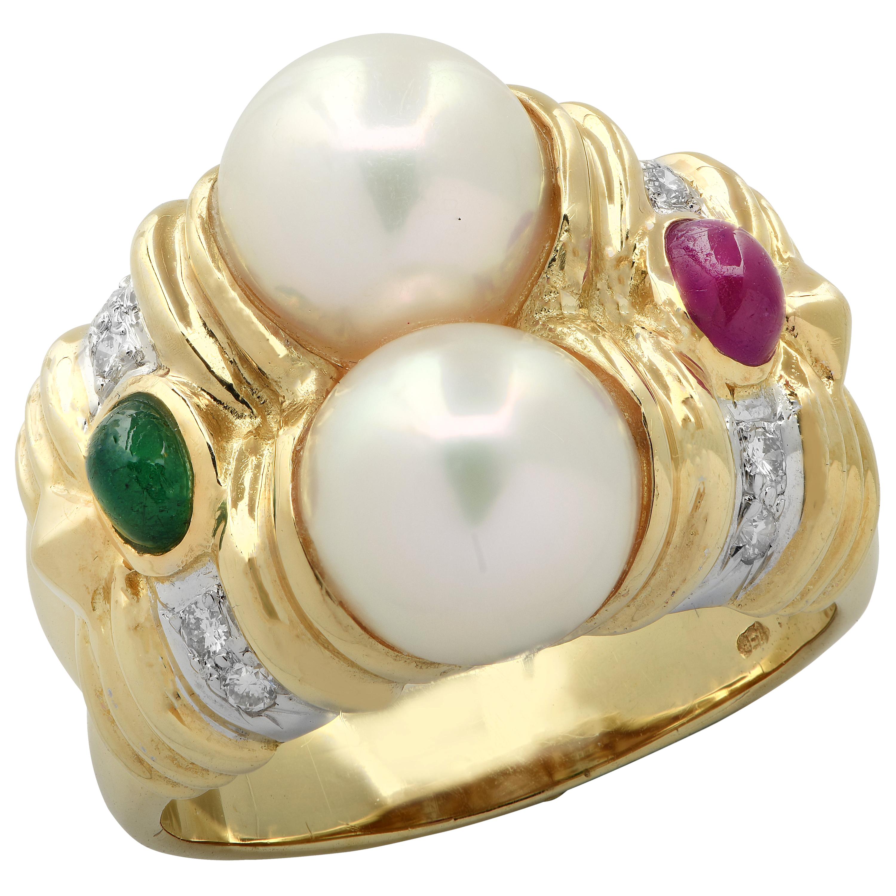 Pearl, Emerald, Ruby and Diamond Ring