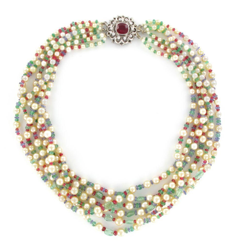 Pearl Emerald Sapphire Ruby Spinel Necklace For Sale 7