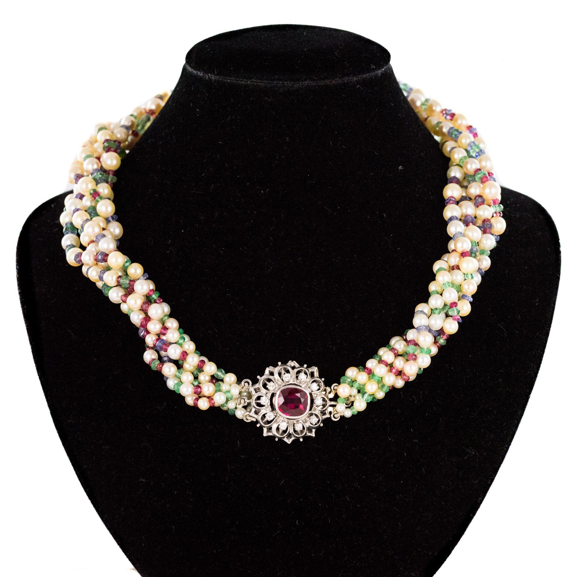 Uncut Pearl Emerald Sapphire Ruby Spinel Necklace For Sale