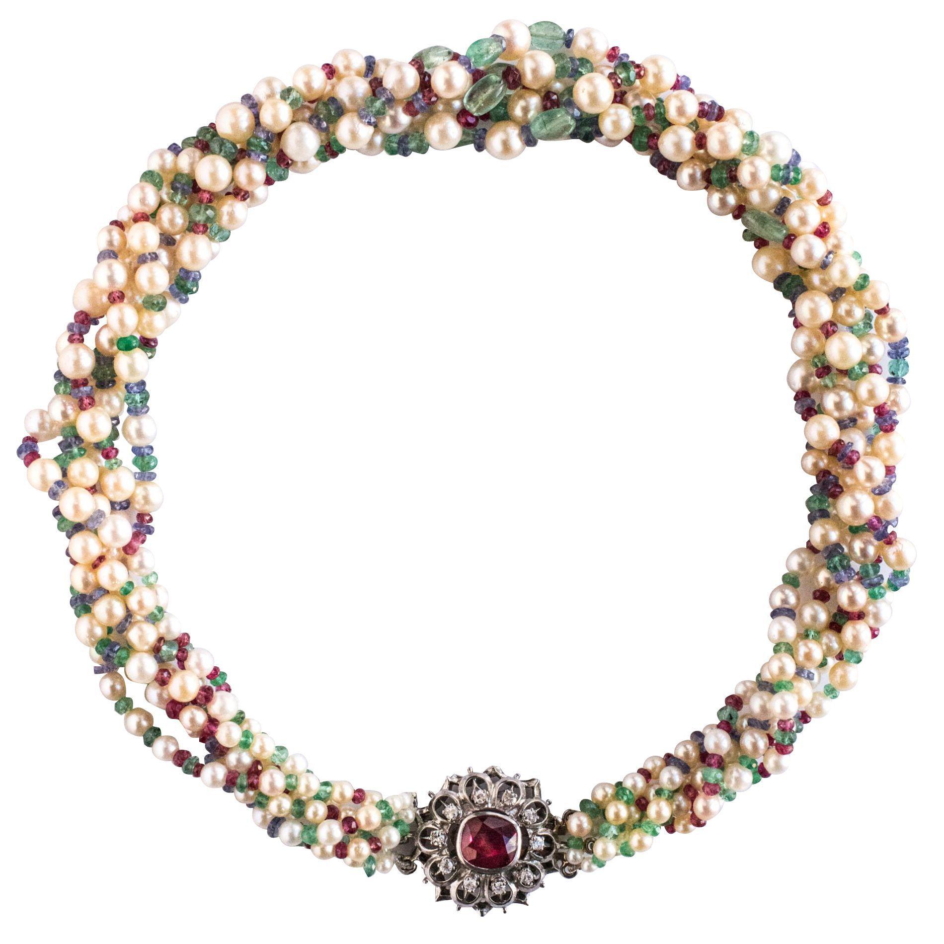 Pearl Emerald Sapphire Ruby Spinel Necklace