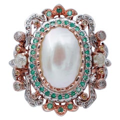 Pearl, Emeralds, Diamonds, 9 Karat Rose Gold and Silver Retrò Ring